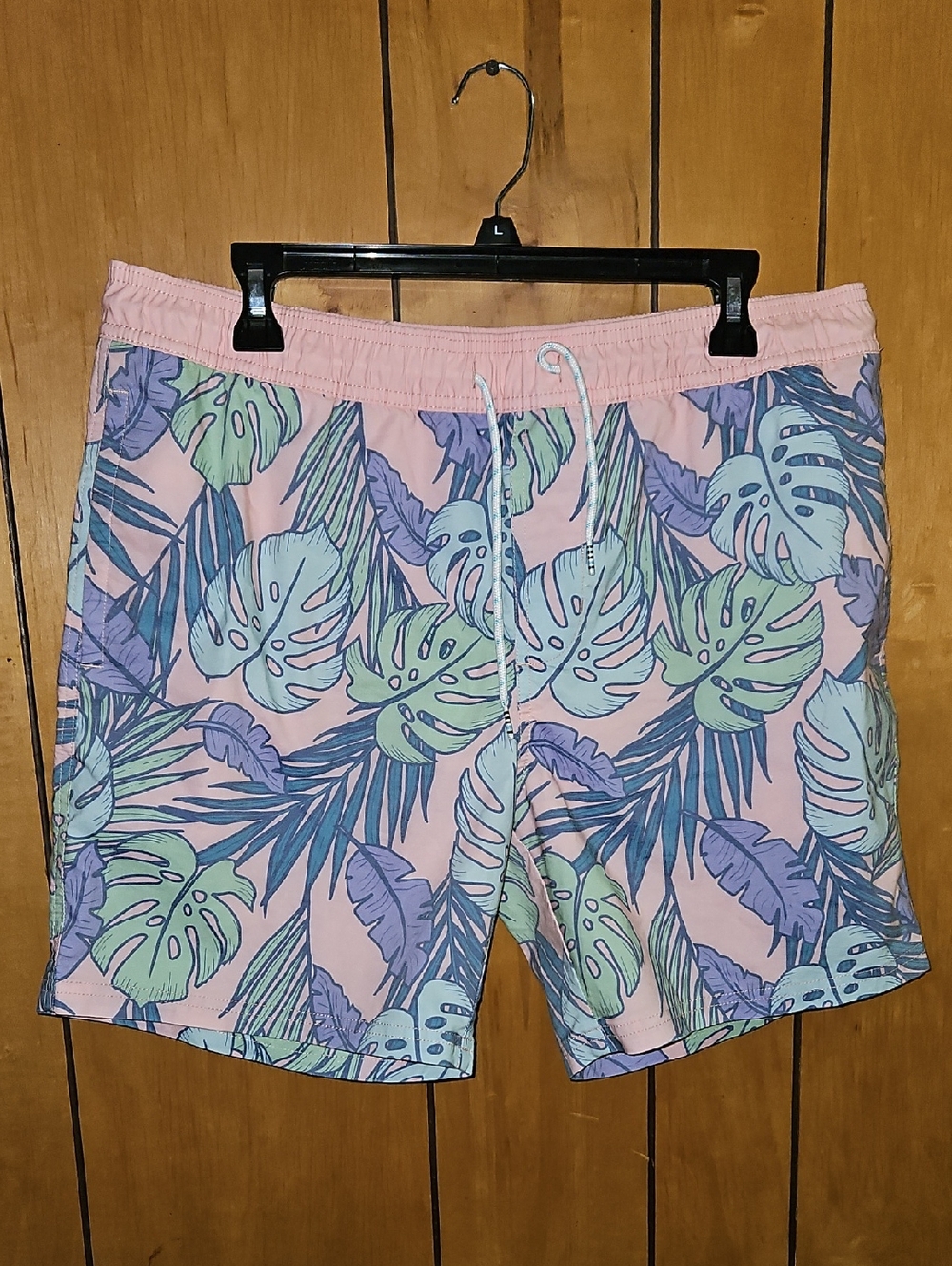 Original Use Pink Tropical Leaf Swim Trunks with Mint & Blue Print